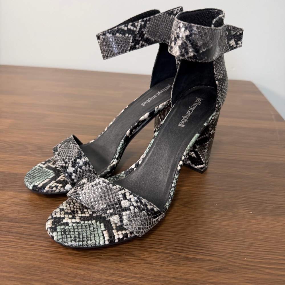 Jeffrey Campbell Lindsay Snakeskin Print Ankle Strap Block Heel Sandals 9.5